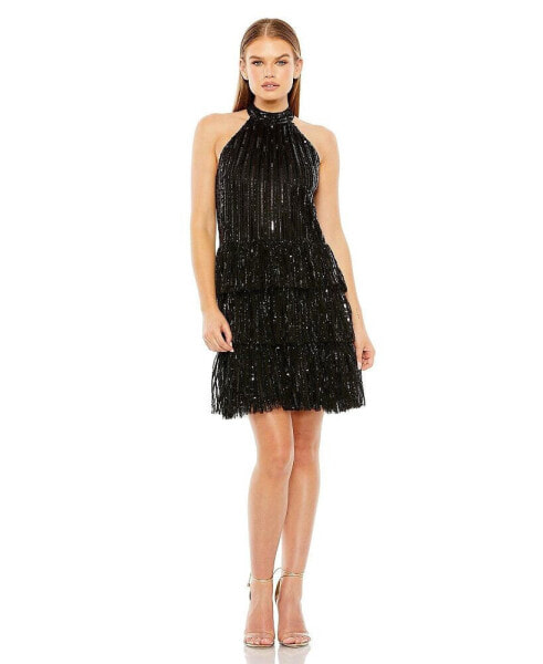 Women's High Neck A-Line Ruffle Sequin Mini Dress