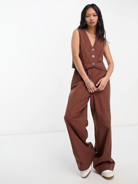 ASOS DESIGN 2 in 1 linen look waistcoat jumpsuit in brown