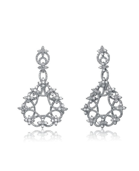 Cubic Zirconia Sterling Silver White Gold Plated Round Swirl Design Lace Earrings