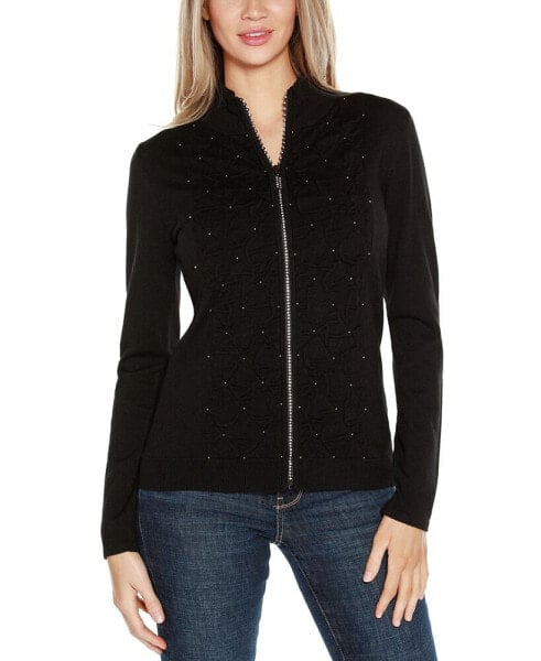 Black Label Women’s Rhinestone-Zip Embellished Cardigan Sweater