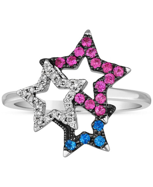 Multi-Gemstone (1/4 ct. t.w.) & Vanilla Diamond (1/10 ct. t.w.) Triple Star Statement Ring in 14k White Gold