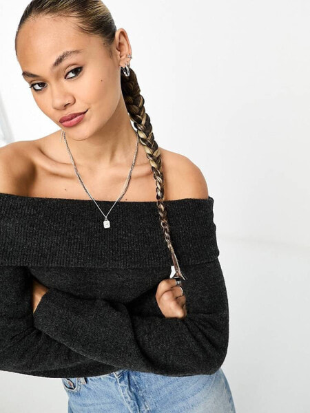 Weekday Lolo off shoulder knitted jumper in black melange