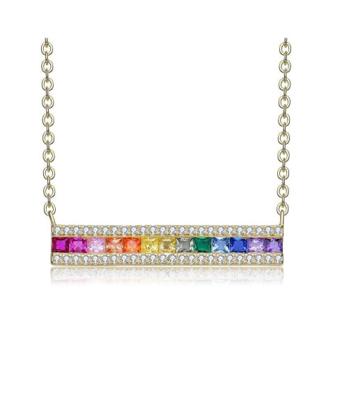 Sterling Silver Rainbow Cubic Zirconia Long Bar Pendant Necklace