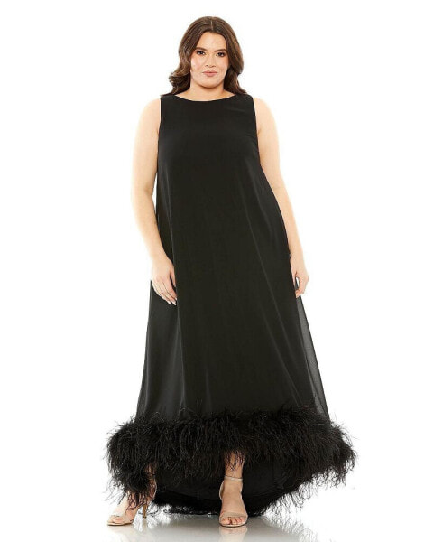 Plus Size High Neck Feather Hem Gown