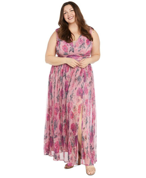 Plus Size Metallic Crinkle-Pleat Floral Dress