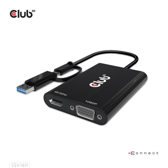 Разветвитель Club 3D USB Gen1 Type-C/-A на два HDMI (4K/30Гц) / VGA (1080/60Гц) - 0,22 м - USB Type-C - HDMI + VGA (D-Sub) - Мужской-Женский - Прямой