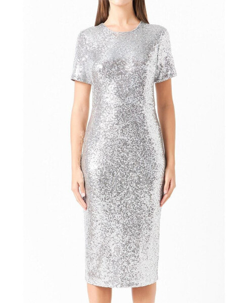 Women's Sequins Short Sleeve Midi Dress