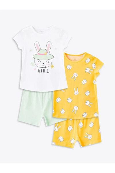 LCW baby Bisiklet Yaka Baskılı Kız Bebek Şortlu Pijama Takımı 2'li