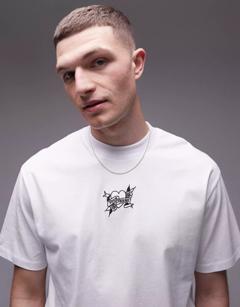 Topman extreme oversized fit t-shirt with tattoo heart and word embroidery in white