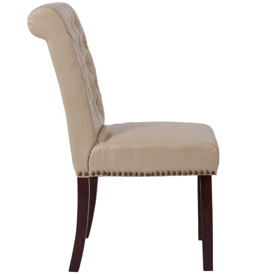 Hercules Series Beige Leather Parsons Chair With Rolled Back, Accent Nail Trim And Walnut Finish
