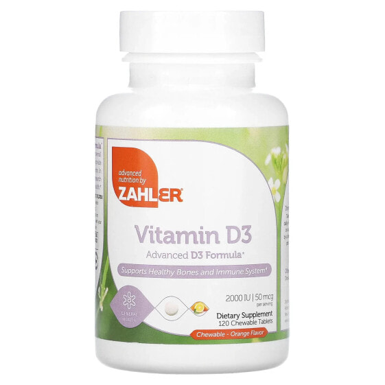Витамин D3 жевательные таблетки 120 штук Zahler, апельсиновые, 50 мкг (2,000 МЕ)