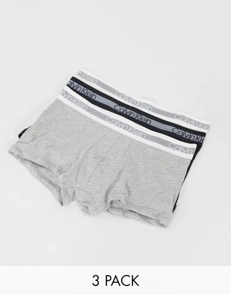 Calvin Klein 3 pack trunks with logo waistband in black white and grey