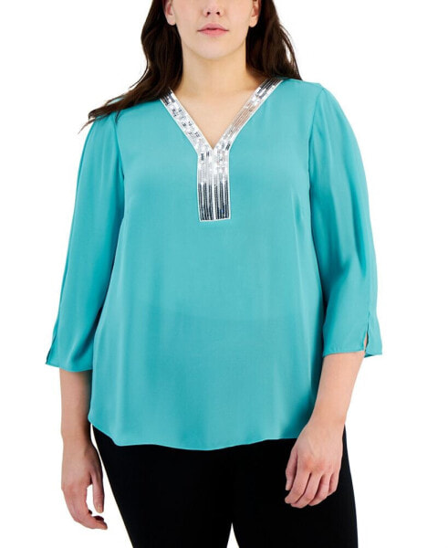 Plus Size Sequined-Neck 3/4-Sleeve Top, Created for Macy's