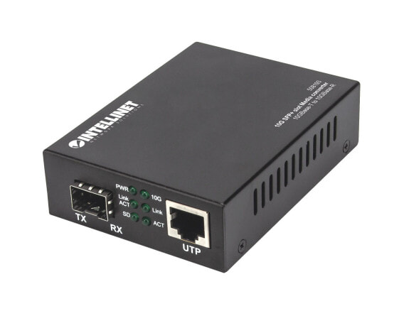 Intellinet 10GBase-T to 10GBase-R Media Converter - 1 x 10 GB SFP+ Slot - 1 x 10GB RJ45 Port (Euro 2-pin plug) - 10000 Mbit/s - IEEE 802.3u - 10 Gigabit Ethernet - 10,100,1000,1200,2500,5000,10000 Mbit/s - Full - Half - SFP+