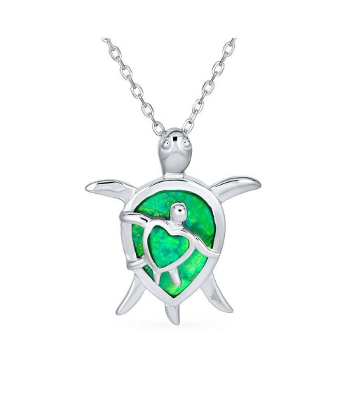 Nautical Beach Vacation Gemstone Created Opal Inlay Green Heart Mother Mom Baby Sea Turtle Pendant Necklace Sterling Silver October Birthstone