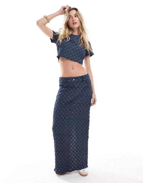 Something New Denim textured maxi skirt co-ord with back split in dark indigo wash