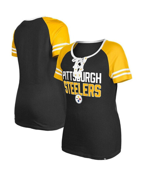 Women's Black Pittsburgh Steelers Raglan Lace-Up T-shirt