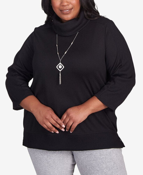 Plus Size Drama Queen Solid Cowl Neck Top with Necklace