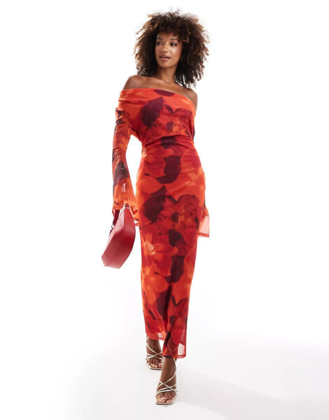 ASOS DESIGN cowl front mesh maxi dress with flare sleeve in red floral smudge print