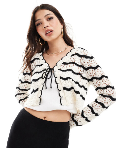 Miss Selfridge crochet stripe tie front cardigan