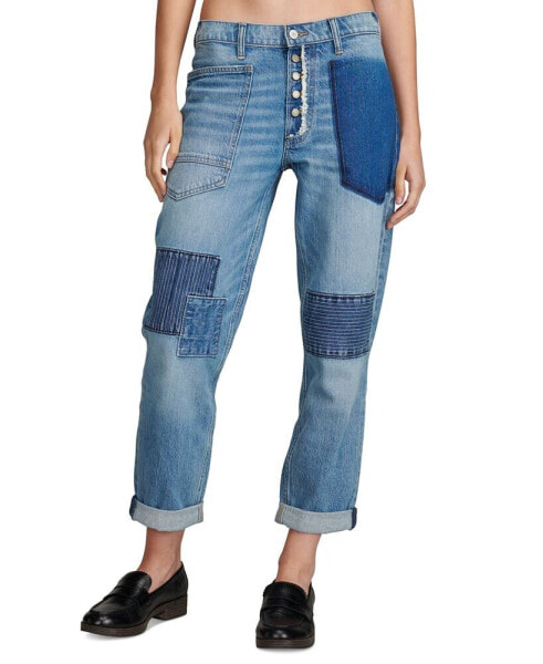 Women's Button-Fly Patched Mid-Rise Boy Jeans
