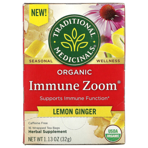 Травяной чай Traditional Medicinals Organic Immune Zoom с лимоном и имбирем, без кофеина, 16 завернутых пакетиков, 32 г