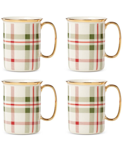 Holiday Plaid Gold-Trimmed Porcelain Mugs, Set Of 4