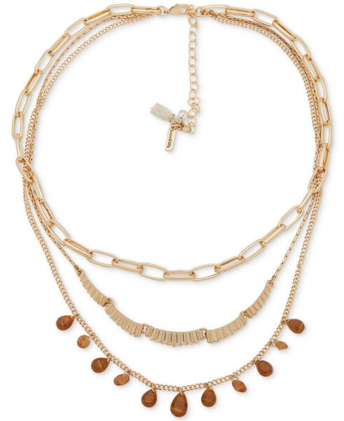 Gold-Tone Brown Stone Multi Chain Frontal Necklace, 16" + 3" extender