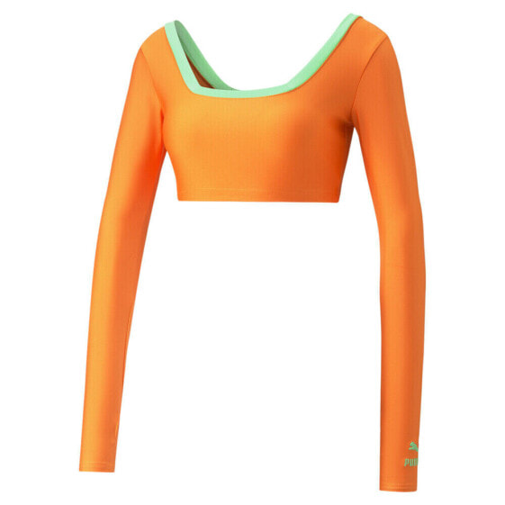 Puma Lipa X Cropped Scoop Neck Long Sleeve T-Shirt Womens Orange Casual Tops 536