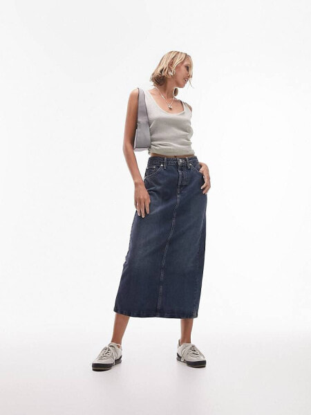 Topshop Petite denim midi skirt in indigo