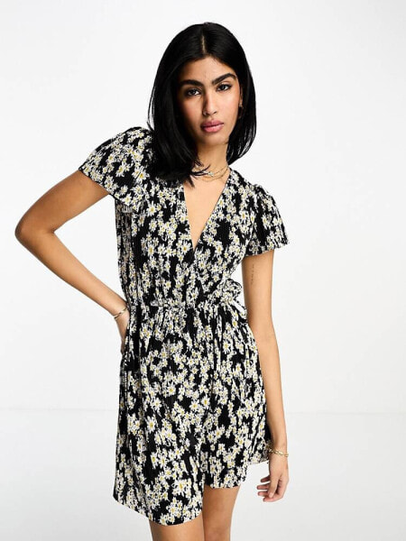 ASOS DESIGN plisse puff sleeve mini dress with elastic side tie in daisy 