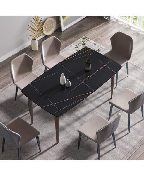 63" Modern Artificial Stone Black Curved Metal Leg Dining Table -6 People