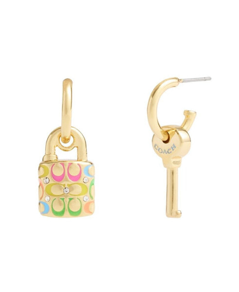 Faux Stone Signature Rainbow Quilted Lock Key Charm Huggies