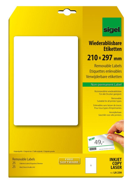 Sigel LA230 - White - Rounded rectangle - Removable - A4 (210x297 mm) - Universal - Laser/Inkjet