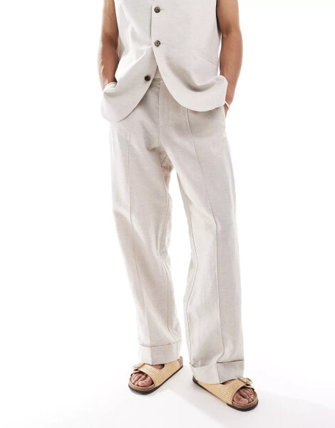 ASOS DESIGN pull on wide leg suit trousers with linen in stone