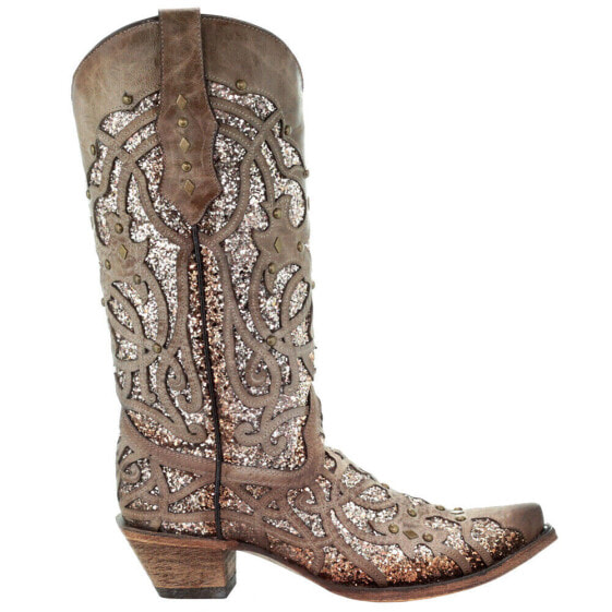 Corral Boots Glitter TooledInlay Snip Toe Cowboy Womens Brown Dress Boots C3331