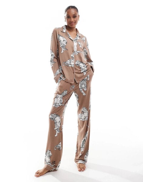 Chelsea Peers Exclusive Tall poly tiger print button long sleeve top and trouser pyjama set in chocolate brown