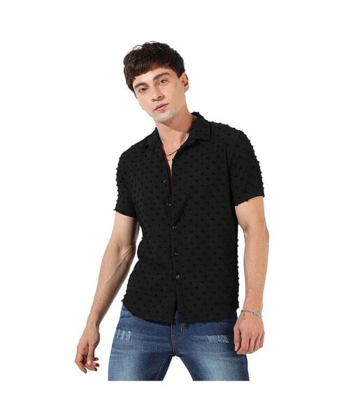 Men's Jet Black Self-Design Pom-Pom Shirt