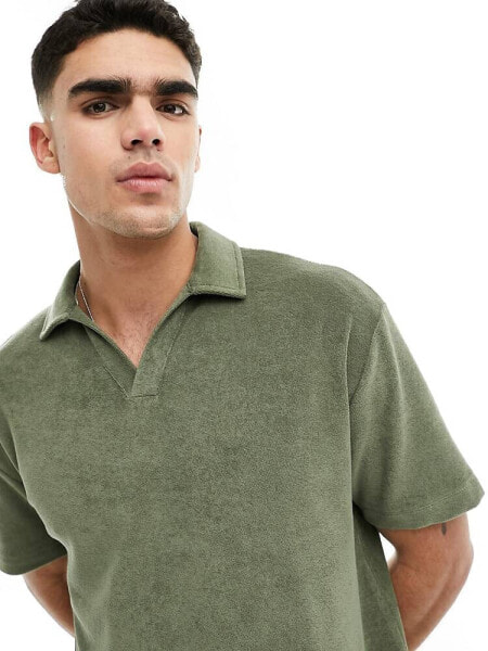 ASOS DESIGN relaxed revere towelling polo in khaki