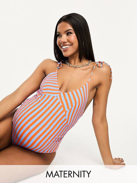 Vero Moda Maternity tie shoulder swimsuit in blue and orange stripe 