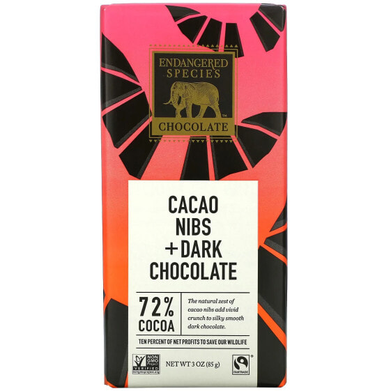 Endangered Species Chocolate, Ядра какао + темный шоколад, 72% какао, 85 г (3 унции)
