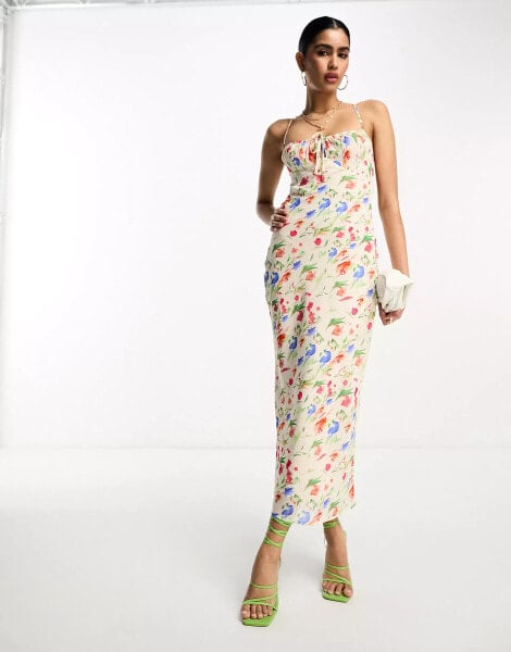 Pretty Lavish tie slip midaxi dress in ivory dainty floral