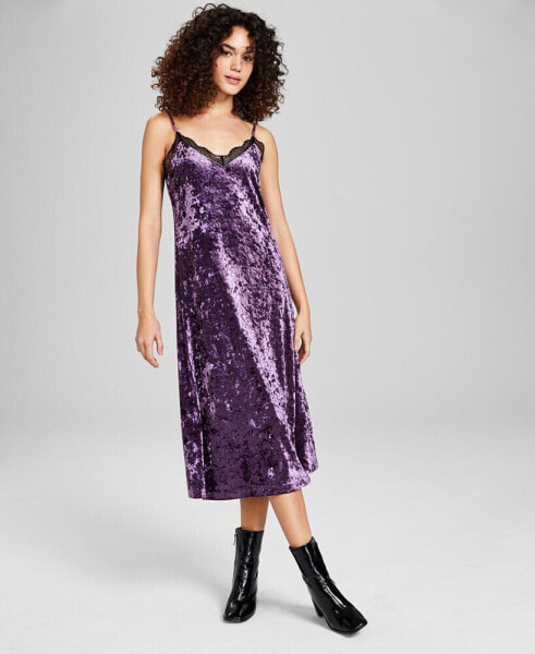 Women's Lace Trim Velour Midi Dress