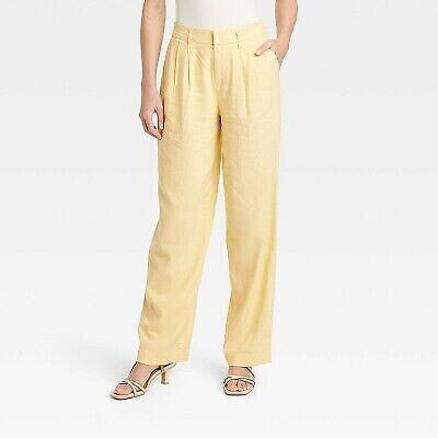 Women's High-Rise Linen Pleat Front Straight Pants - A New Day Yellow 2
