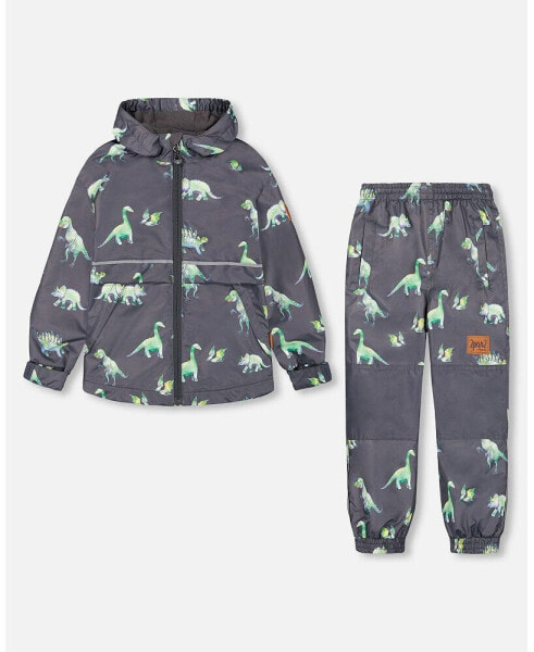 Baby Boy Two Piece Hooded Coat And Pant Mid-Season Set Grey Printed Dinosaurs - Infant