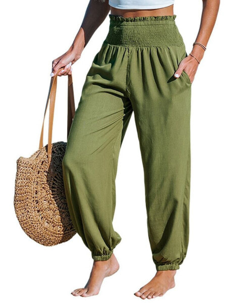 Women's Green Smocked Waist Tapered Leg Casual Pants