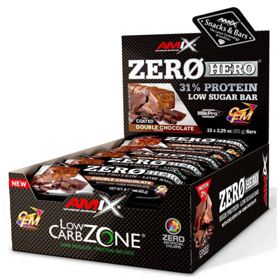 AMIX Low Carb ZeroHero 65g Protein Bars Box Double Chocolate 15 Units