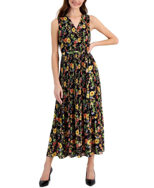 Women's Printed Faux-Wrap Sleeveless Pleated Fit & Flare Midi Dress