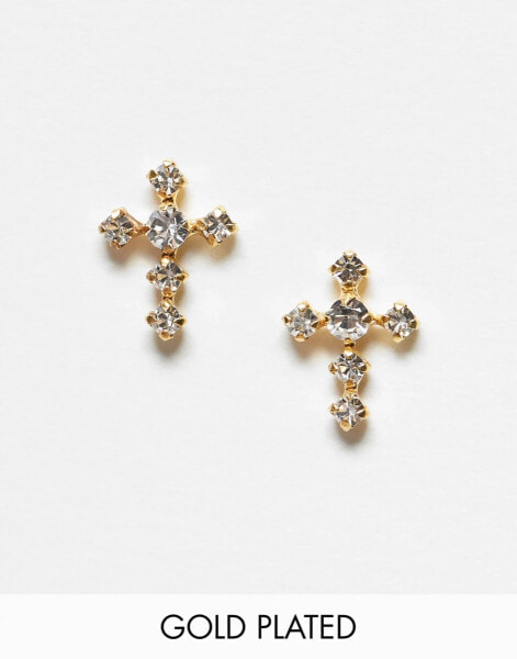 Kingsley Ryan gem cross stud earrings in gold plated