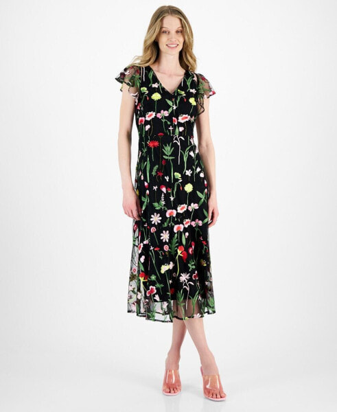 Women's Fresh Cut Embroidery Cold-Shoulder Midi Dress